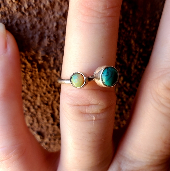 New Ethiopian Opal & Turquoise Thin Silver Band Ring. - Picture 5 of 15